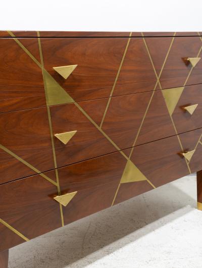 Unusual Brass inlaid Mahogany Chest with Geometric Pattern and Bronze Pulls