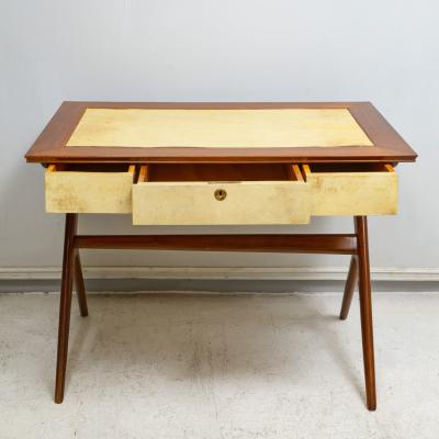 Unusual Italian Mid Century Mahogany and Parchment Desk with Three Drawers