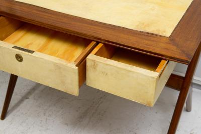 Unusual Italian Mid Century Mahogany and Parchment Desk with Three Drawers