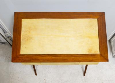 Unusual Italian Mid Century Mahogany and Parchment Desk with Three Drawers