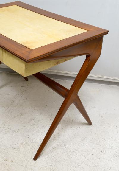 Unusual Italian Mid Century Mahogany and Parchment Desk with Three Drawers
