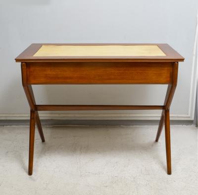 Unusual Italian Mid Century Mahogany and Parchment Desk with Three Drawers