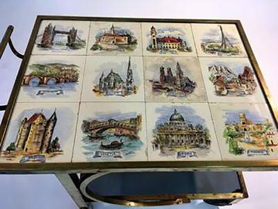 Unusual Mid Century Italian Modernist European Cities Tile Bar Cart