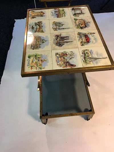 Unusual Mid Century Italian Modernist European Cities Tile Bar Cart
