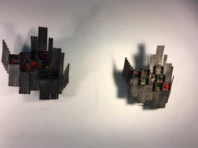 Unusual Pair of Italian Brutalist Iron and Geometric Resign Design Sconces