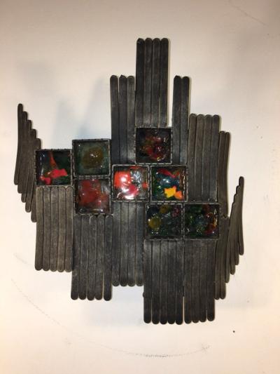 Unusual Pair of Italian Brutalist Iron and Geometric Resign Design Sconces