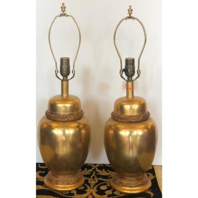 Unusual Pair of Regency Style Designer Gilt Bronze Urn Lamps W Gilt Wood Details