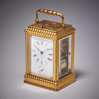 Unusual Ribbed Eight Day Repeating Striking Gilt Brass Gorge Case Carriage Clock