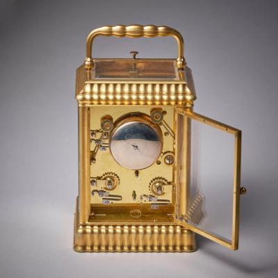 Unusual Ribbed Eight Day Repeating Striking Gilt Brass Gorge Case Carriage Clock