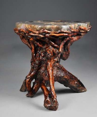 Unusual late 19thc Chinese rootwood table or stand with quartz top