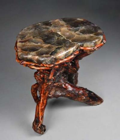 Unusual late 19thc Chinese rootwood table or stand with quartz top