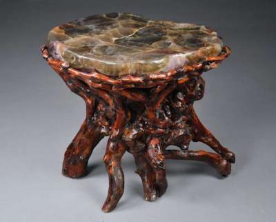 Unusual late 19thc Chinese rootwood table or stand with quartz top
