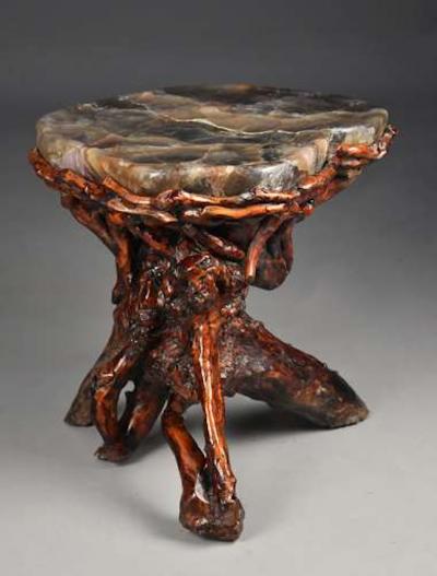 Unusual late 19thc Chinese rootwood table or stand with quartz top