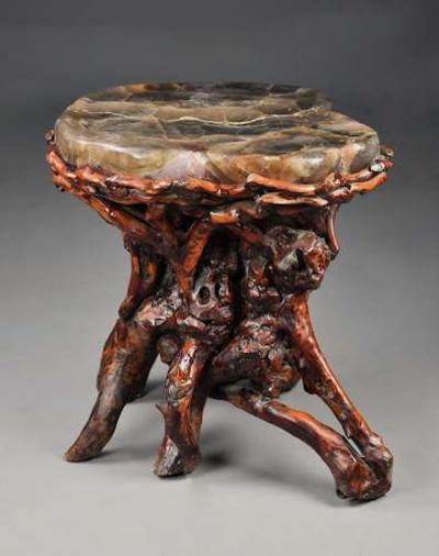 Unusual late 19thc Chinese rootwood table or stand with quartz top