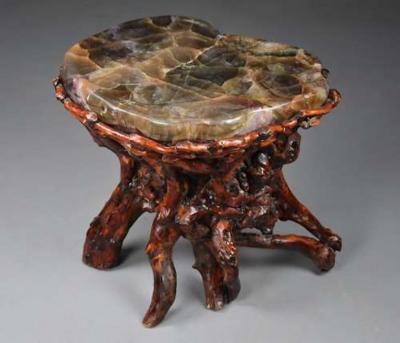 Unusual late 19thc Chinese rootwood table or stand with quartz top