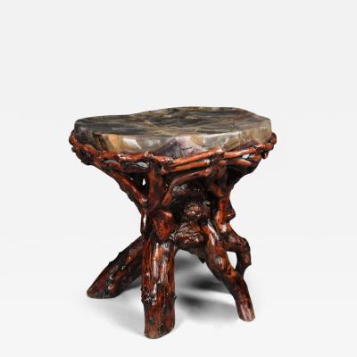 Unusual late 19thc Chinese rootwood table or stand with quartz top