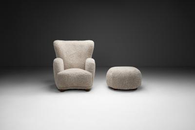 Upholstered Danish Modern Armchair with Footstool Denmark ca 1950s