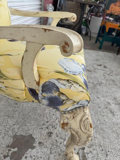 Upholstered Scroll back Carved French Style Armchair