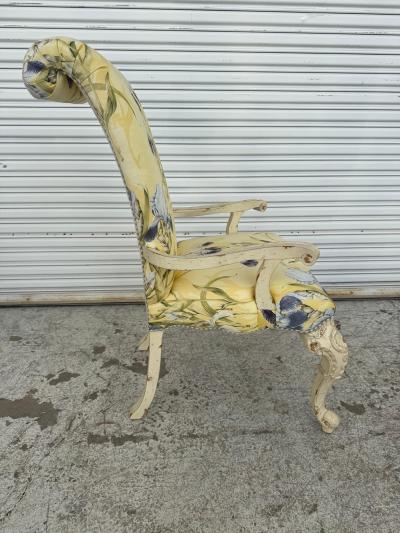 Upholstered Scroll back Carved French Style Armchair