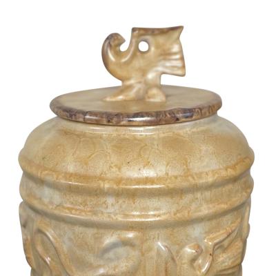 Upsala Ekeby Lidded Jar Vase with Bird Reliefs and Finial