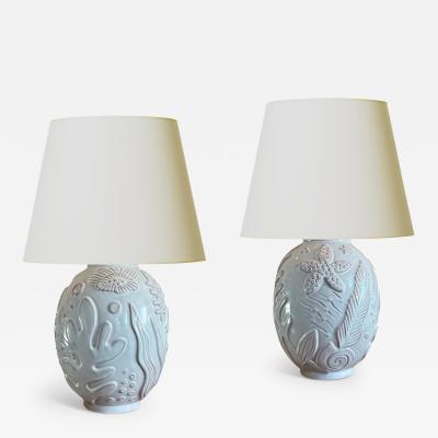 Upsala Ekeby Pair of Charming Marine Themed Table Lamps in White Glaze by Anna Lisa Thomson