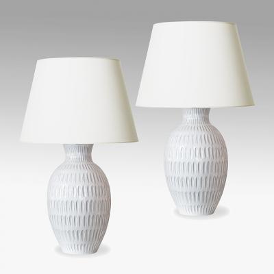 Upsala Ekeby Pair of Large Lamps with Gouged Pattern by Anna Lisa Thomson
