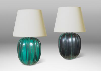 Upsala Ekeby Pair of Table Lamps in Copper Oxide Glaze by Upsala Ekeby