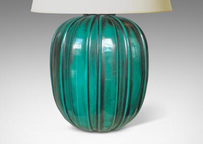 Upsala Ekeby Pair of Table Lamps in Copper Oxide Glaze by Upsala Ekeby