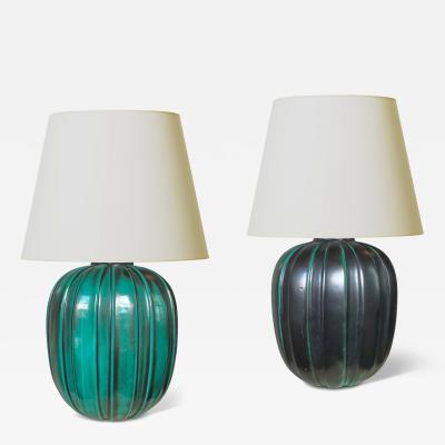 Upsala Ekeby Pair of Table Lamps in Copper Oxide Glaze by Upsala Ekeby