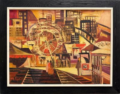 Urban Mid century Modernism Abstract Cubist Cityscape Painting Oil on Canvas