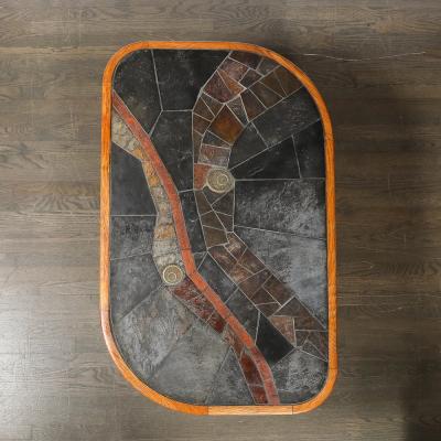 V Ramburrem Mid Century Tessellated Slate Bronze Inlay Cocktail Table by V Ramburrem
