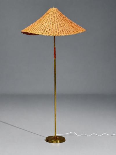 V Soini Oy Rare Floor Lamp Brass Leather Rattan Finland 1950s