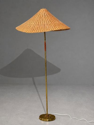 V Soini Oy Rare Floor Lamp Brass Leather Rattan Finland 1950s