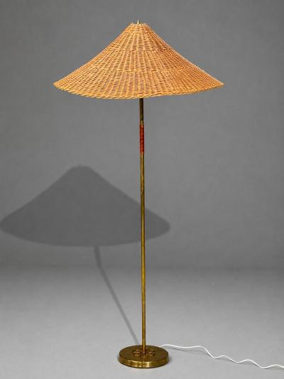 V Soini Oy Rare Floor Lamp Brass Leather Rattan Finland 1950s