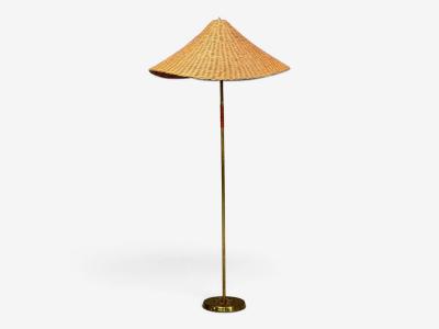 V Soini Oy Rare Floor Lamp Brass Leather Rattan Finland 1950s