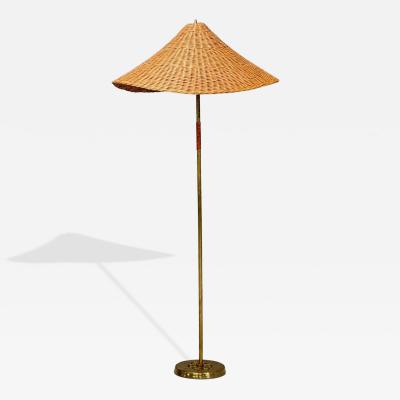 V Soini Oy Rare Floor Lamp Brass Leather Rattan Finland 1950s
