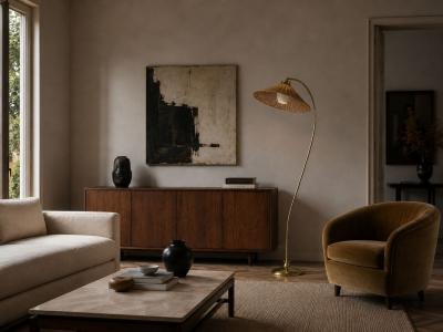 V Soini Oy Rare Floor Lamp Brass Leather Rattan Finland 1950s