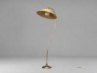 V Soini Oy Rare Floor Lamp Brass Leather Rattan Finland 1950s