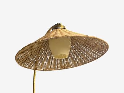 V Soini Oy Rare Floor Lamp Brass Leather Rattan Finland 1950s