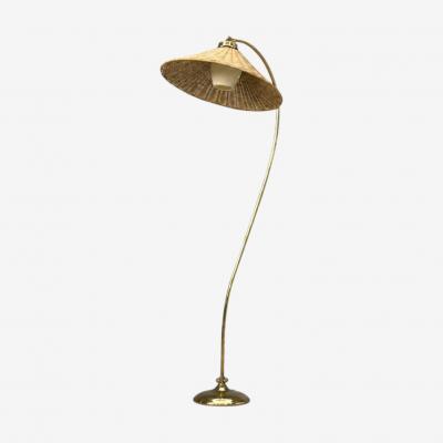 V Soini Oy Rare Floor Lamp Brass Leather Rattan Finland 1950s