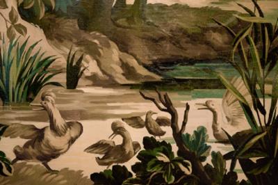 VERY LARGE VERDURE TAPESTRY CARTOON IN PASTORAL STYLE AUBUSSON FRANCE C 1880