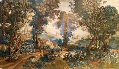 VERY LARGE VERDURE TAPESTRY CARTOON IN PASTORAL STYLE AUBUSSON FRANCE C 1880