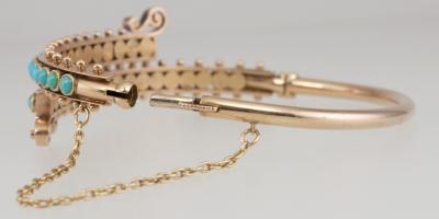 VICTORIAN 14K GOLD TURQUOISE BYPASS BANGLE BRACELET