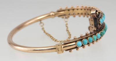 VICTORIAN 14K GOLD TURQUOISE BYPASS BANGLE BRACELET