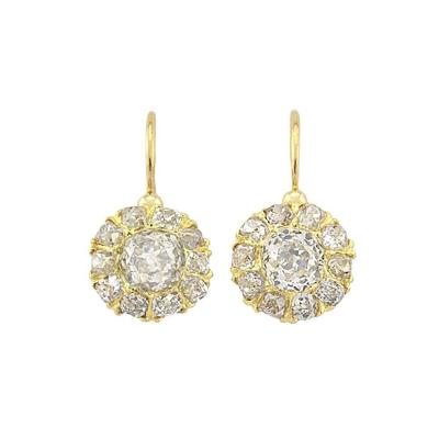 VICTORIAN 18K YELLOW GOLD OLD MINE CUT DIAMOND CLUSTER EARRINGS