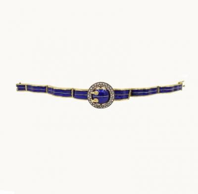 VICTORIAN BLUE ENAMEL AND 18K GOLD BUCKLE BANGLE WITH ROSE CUT DIAMONDS