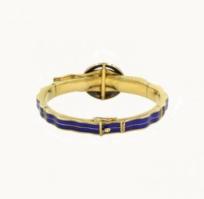 VICTORIAN BLUE ENAMEL AND 18K GOLD BUCKLE BANGLE WITH ROSE CUT DIAMONDS