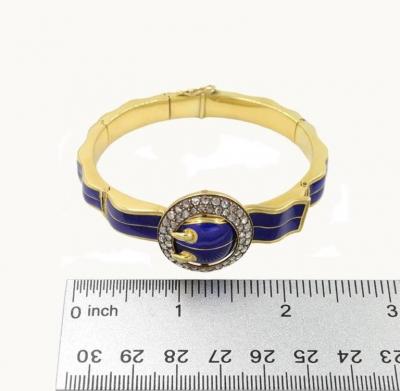VICTORIAN BLUE ENAMEL AND 18K GOLD BUCKLE BANGLE WITH ROSE CUT DIAMONDS