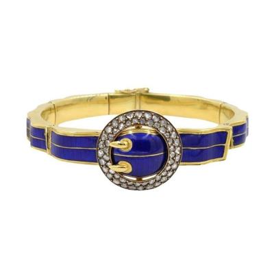 VICTORIAN BLUE ENAMEL AND 18K GOLD BUCKLE BANGLE WITH ROSE CUT DIAMONDS