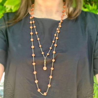VICTORIAN CORAL AND 14K GOLD LONG CHAIN CIRCA 1900